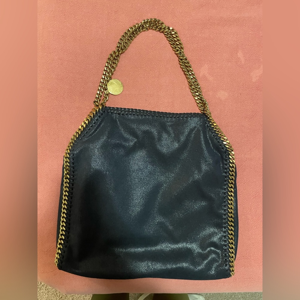 Stella McCartney Falabella Small Shaggy Deer Tote Bag — navy blue, gold chain